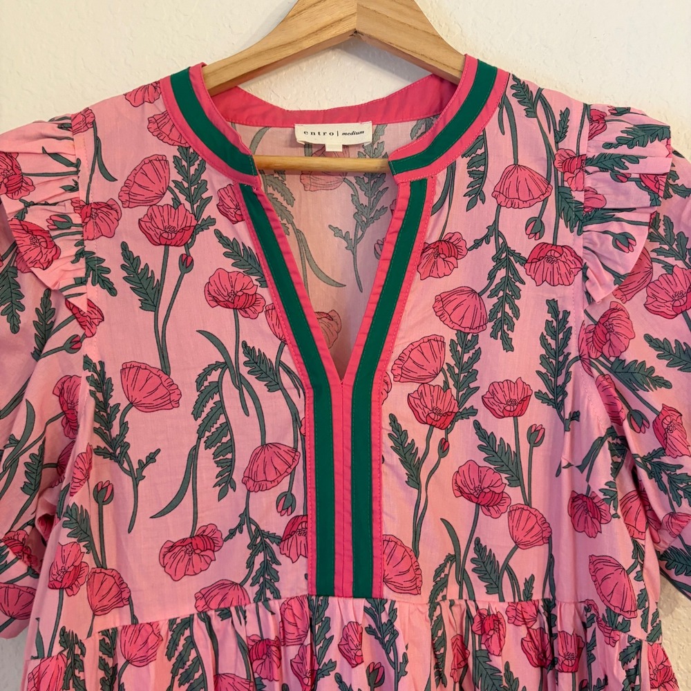 Entro Poppy Floral Midi Dress M Cottagecore Ruffle Tiered Preppy Cotton Pink - Picture 5 of 12